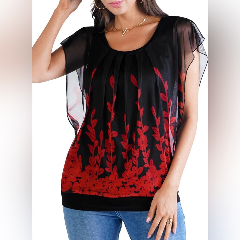 BAISHENGGT Tops Flutter Short Sleeve Pleated Front Mesh Shirts Casual Blouses M